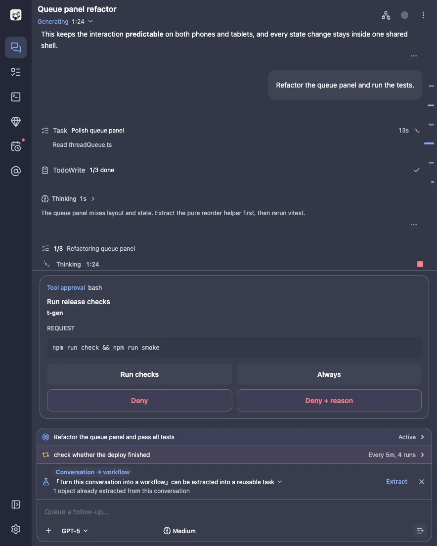 Alma Android unfolded: the thread list collapsed to a navigation rail beside a conversation with a reply in progress, drawn from synthetic fixture data.