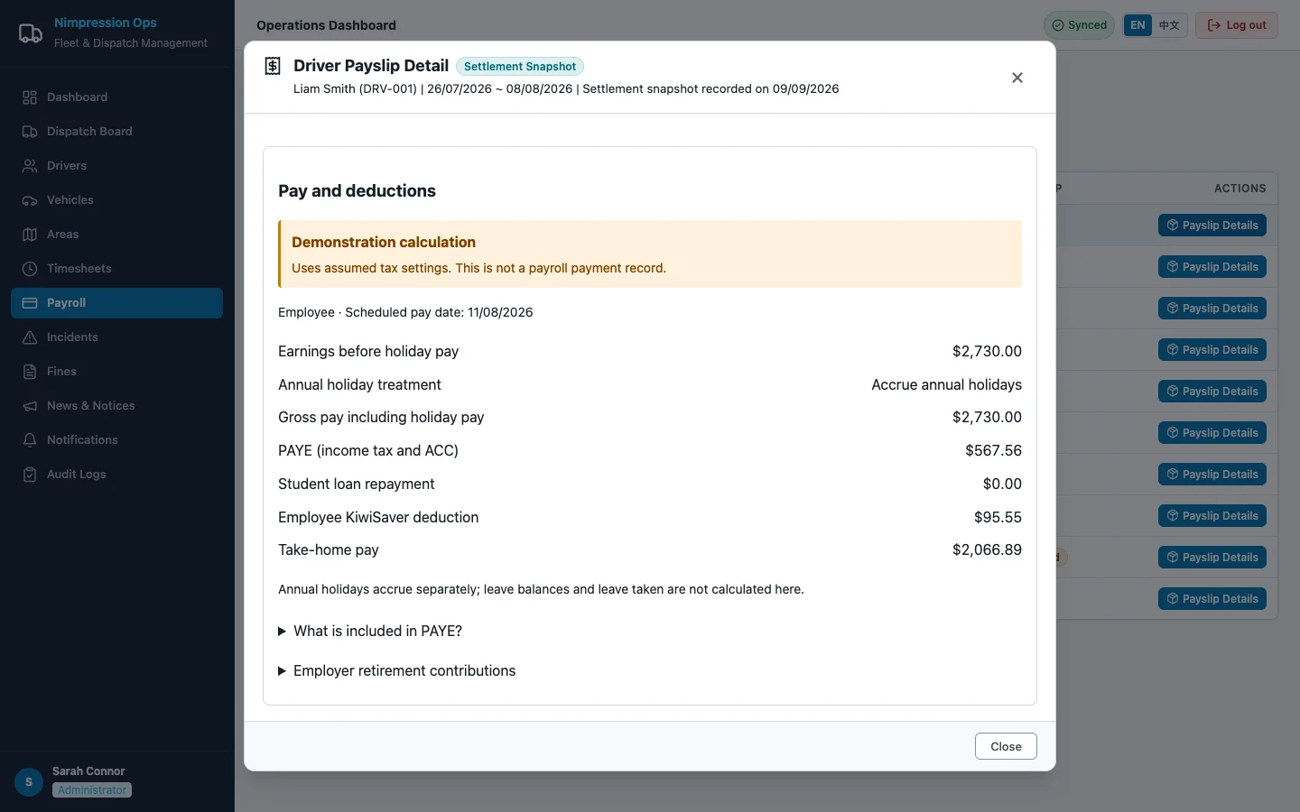 Nimpression Ops live demo captured 23 October 2026: a seeded driver payslip showing earnings, PAYE, KiwiSaver and take-home pay, marked as a demonstration calculation.